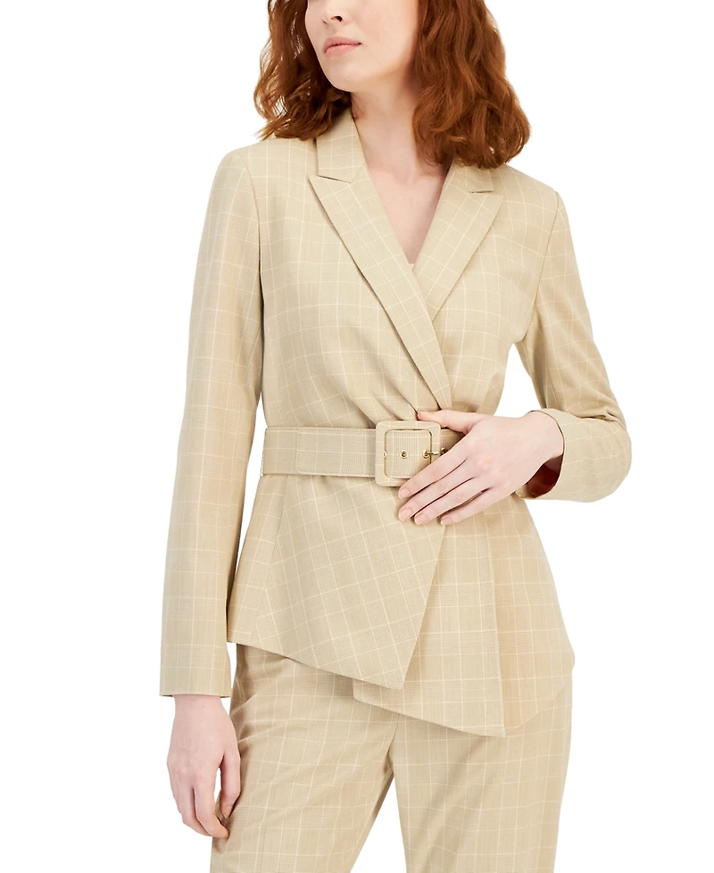 Tahari Asl Women's Asymmetrical-Hem Windowpane Belted Blazer