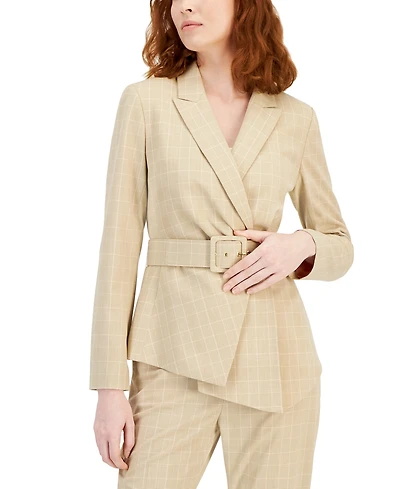 Tahari Asl Women's Asymmetrical-Hem Windowpane Belted Blazer