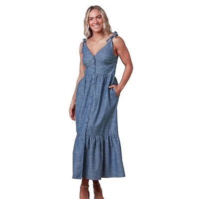 Hope & Henry Women's Bow Shoulder Button Front Chambray Maxi Dress