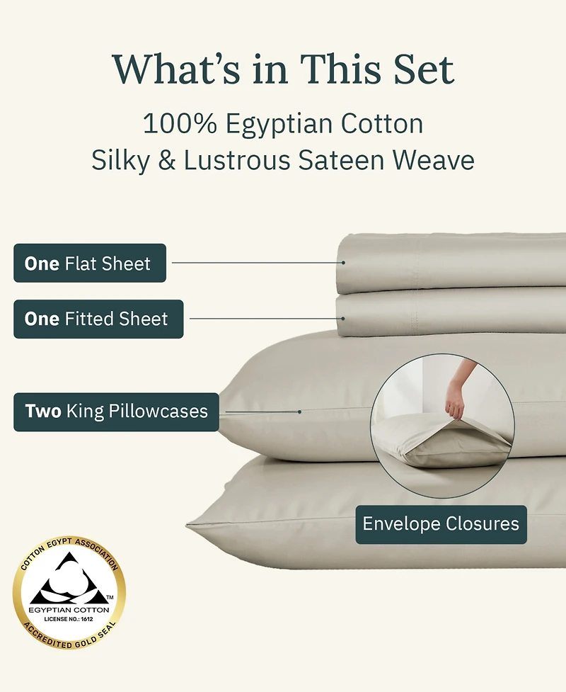 Certified Luxury 100% Egyptian Cotton Sheets, California King Sheet Set, 4 Piece Deep Pocket Bed Sheets Sateen Cooling for Hot Sleepers by