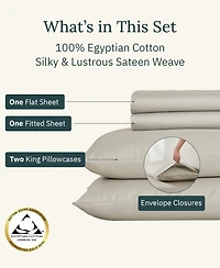 Certified Luxury 100% Egyptian Cotton Sheets, California King Sheet Set, 4 Piece Deep Pocket Bed Sheets Sateen Cooling for Hot Sleepers by