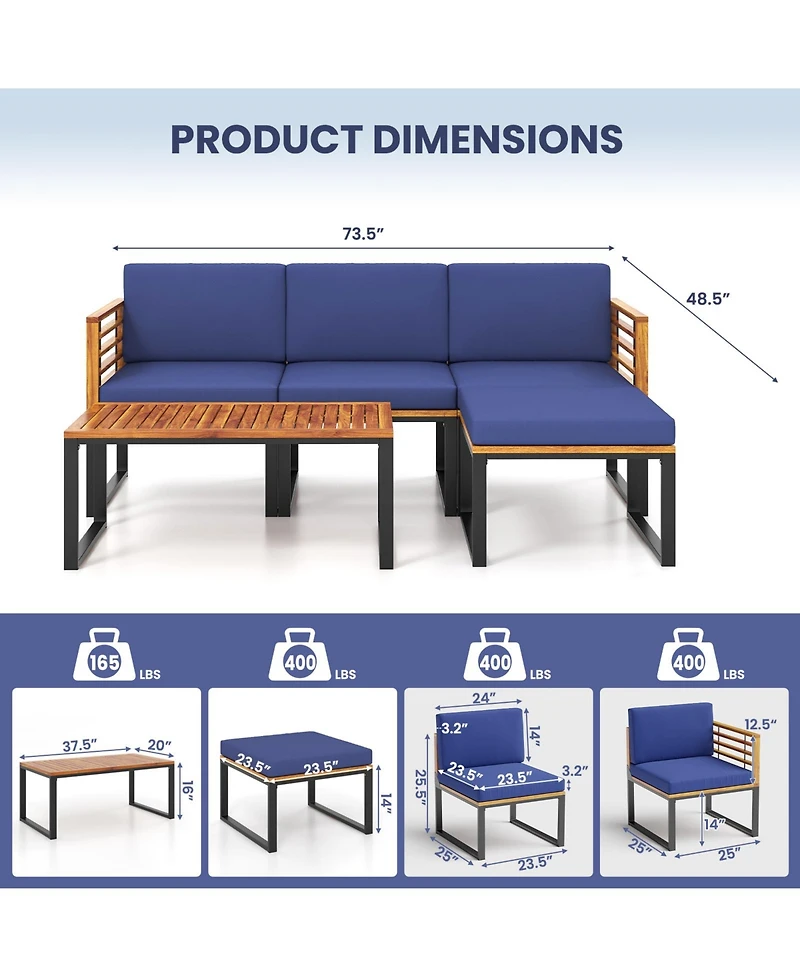 5-Piece Patio Acacia Wood Chair Set with Ottoman and Coffee Table-Navy