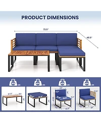 5-Piece Patio Acacia Wood Chair Set with Ottoman and Coffee Table-Navy