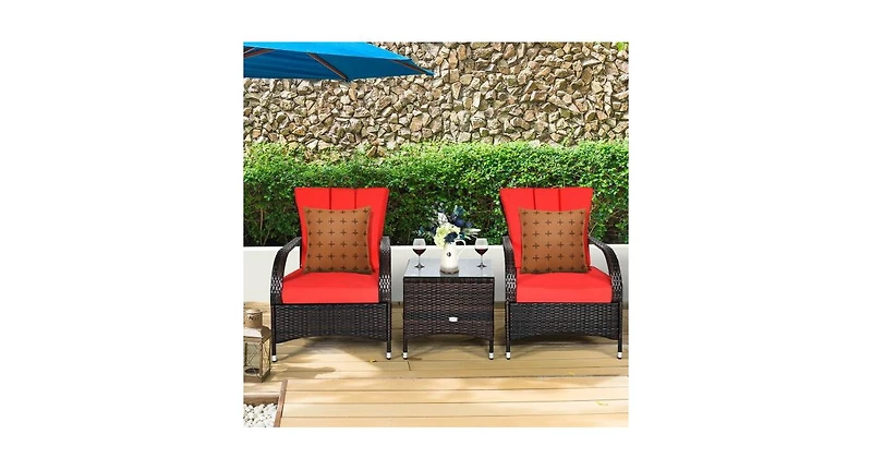 3PCS Rattan Coffee Table Set Chair-Red