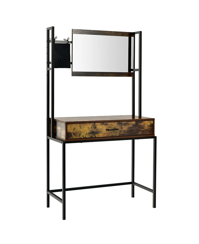 Industrial Vanity Table with 3-Height Adjustable Mirror Bag-Brown