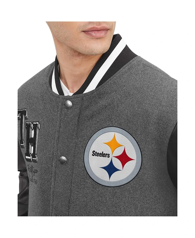 Men's Tommy Hilfiger Heather Gray, Black Pittsburgh Steelers Gunner Full-Zip Varsity Jacket