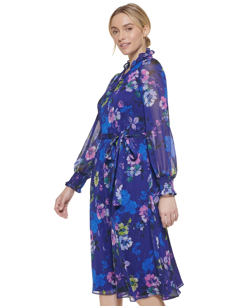 Jessica Howard Women's Printed Tie-Waist Long-Sleeve Dress