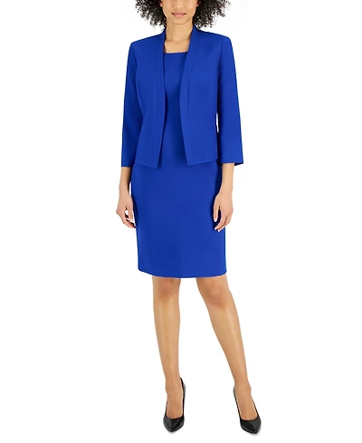 Le Suit Women's Crepe Open Front Jacket & Crewneck Sheath Dress Set, Regular Petite