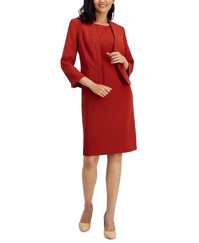 Le Suit Women's Crepe Open Front Jacket & Crewneck Sheath Dress Set, Regular Petite