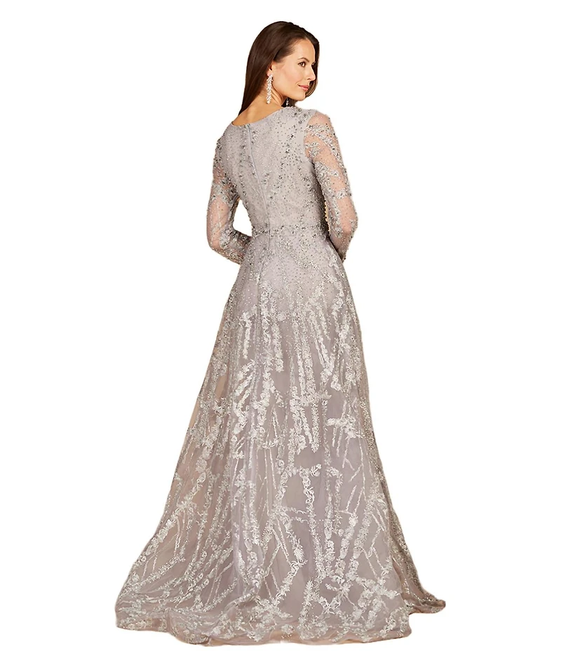 Lara Women's Long Sleeve Lace Gown with Overskirt