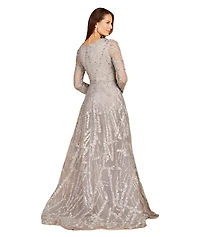 Lara Women's Long Sleeve Lace Gown with Overskirt