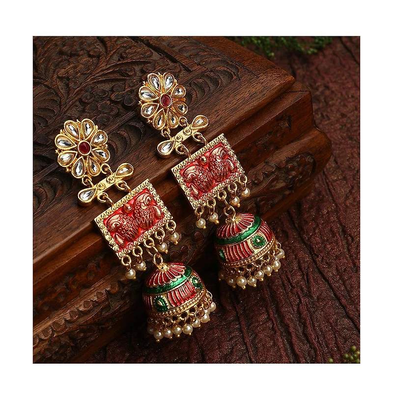 Sohi Women's Red Stone Drop Earrings