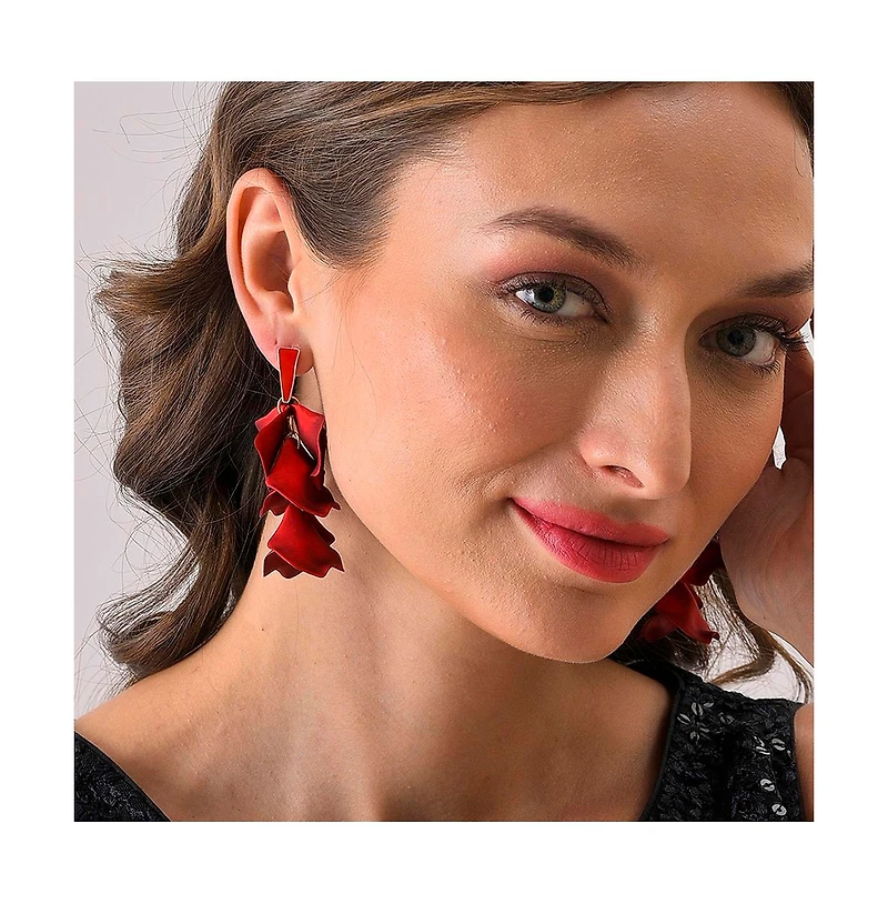 Sohi Women's Red Metallic Petal Drop Earrings