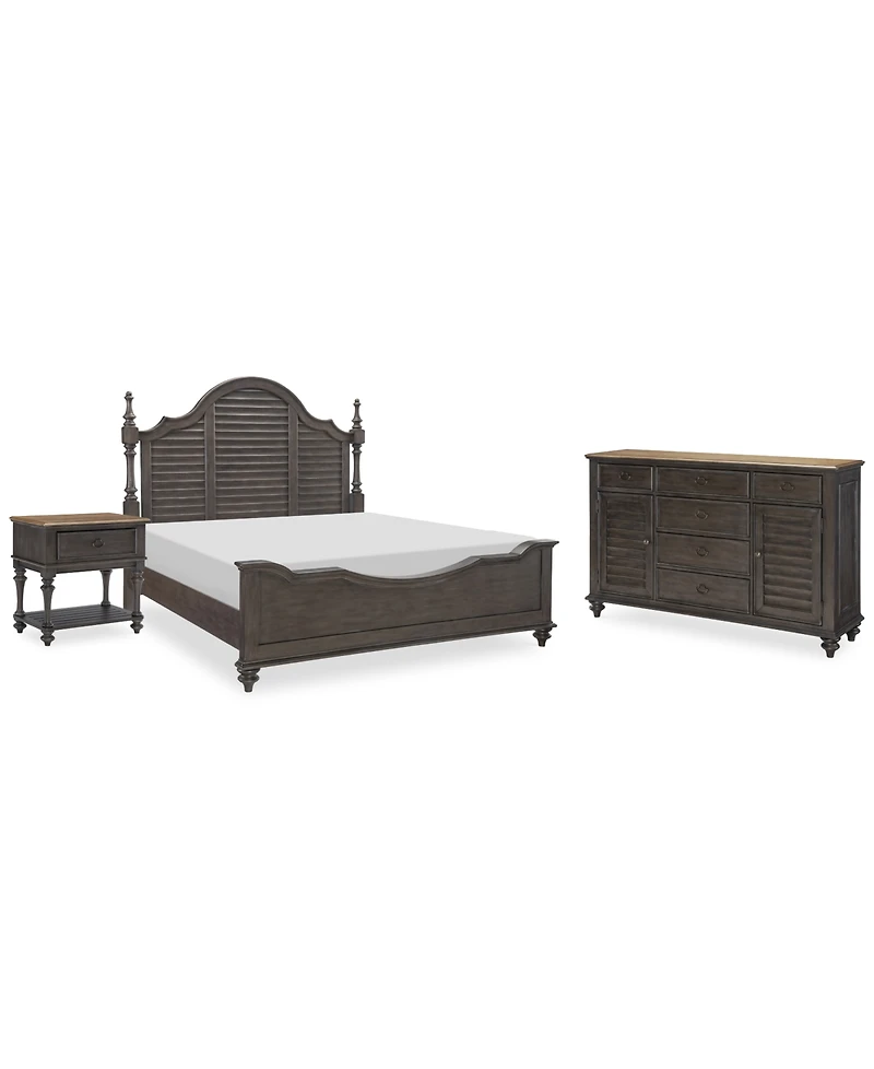 Mandeville 3pc Bedroom Set (Louvered California King Bed + Louvered Dresser 1-Drawer Nightstand)