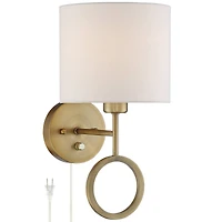 360 Lighting Amidon Modern Wall Lamp Warm Brass Metal Plug-in 8" Light Fixture White Fabric Drum Shade for Bedroom Reading Living Room House Home