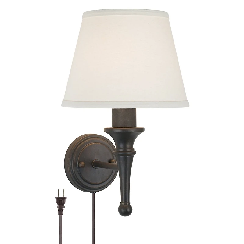 Regency Hill Braidy Farmhouse Rustic Wall Lamp Bronze Metal Plug-in 7" Light Fixture Ivory Empire Shade for Bedroom Bedside Reading Living Room H