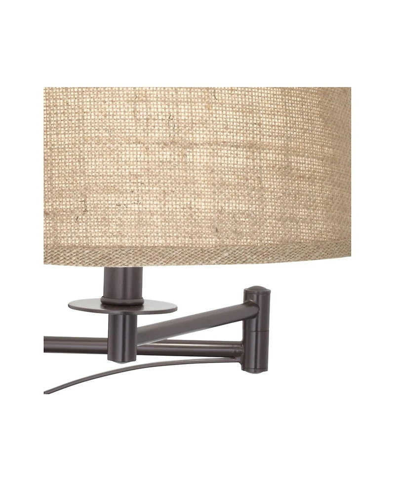 Franklin Iron Works Brinly Farmhouse Rustic Swing Arm Wall Lamp Matte Brown Metal Plug-in Light Fixture Burlap Shade for Bedroom Bedside Living Room