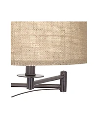 Franklin Iron Works Brinly Farmhouse Rustic Swing Arm Wall Lamp Matte Brown Metal Plug-in Light Fixture Burlap Shade for Bedroom Bedside Living Room