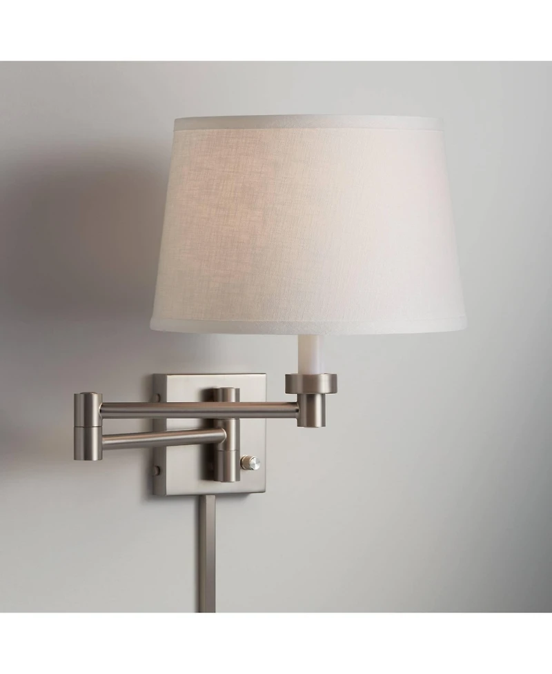 Possini Euro Design Modern Swing Arm Wall Lamp with Cord Cover Brushed Nickel Plug-In Light Fixture White Linen Shade for Bedroom