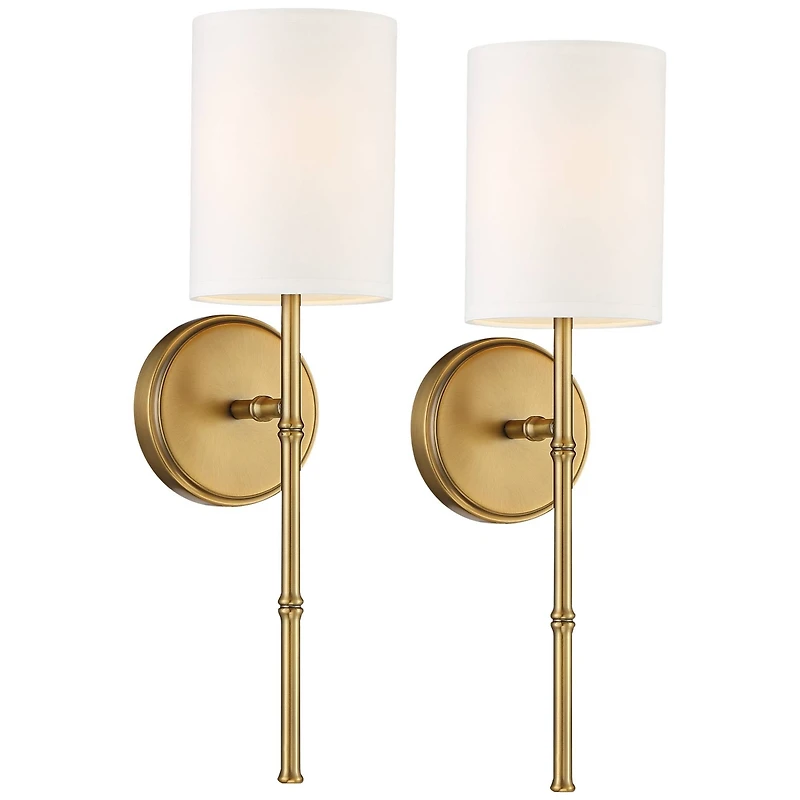 Abigale Modern Wall Light Sconces Set of 2 Brass Gold Metal Hardwired 5" Fixture White Fabric Shade for Bedroom Bathroom Vanity Living Room Home Hallw