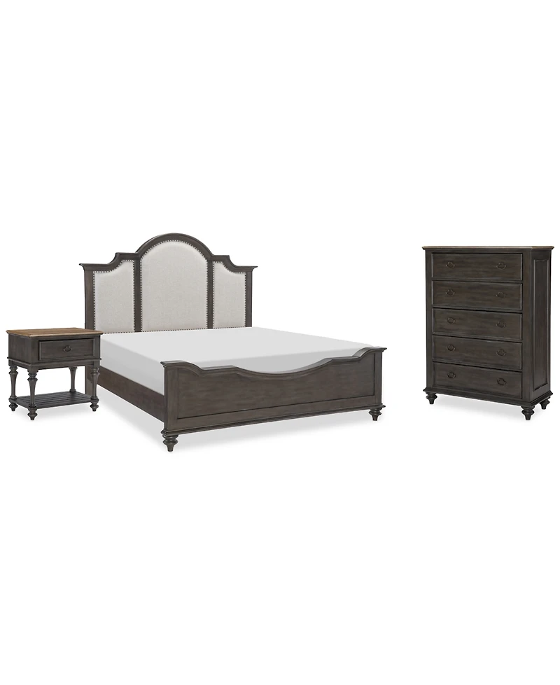 Mandeville 3pc Bedroom Set (Upholstered King Bed + Drawer Chest 1-Drawer Nightstand)
