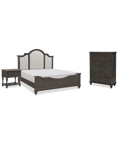 Mandeville 3pc Bedroom Set (Upholstered King Bed + Drawer Chest 1-Drawer Nightstand)