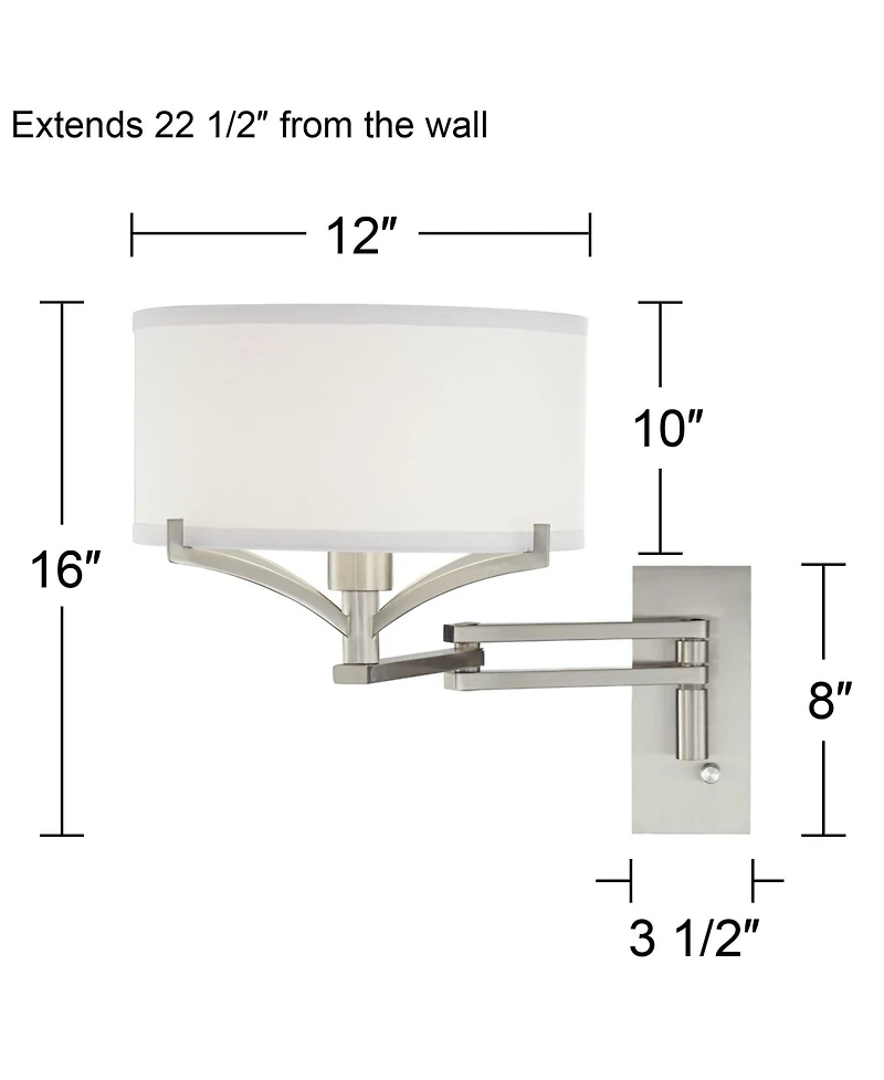 Possini Euro Design Tremont Modern Swing Arm Wall Lamp Brushed Nickel Metal Plug-in Light Fixture White Drum Shade for Bedroom Bedside Living Room