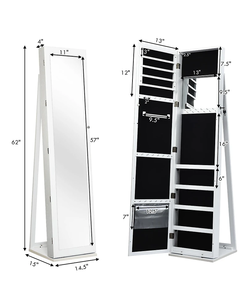 Mirrored Jewelry Cabinet Lockable Standing Storage Organizer W/ Shelf