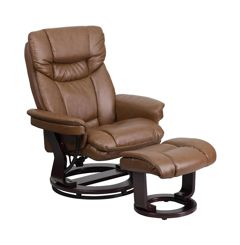 Multi-Position Recliner Chair & Curved Ottoman With Swivel Wood Base