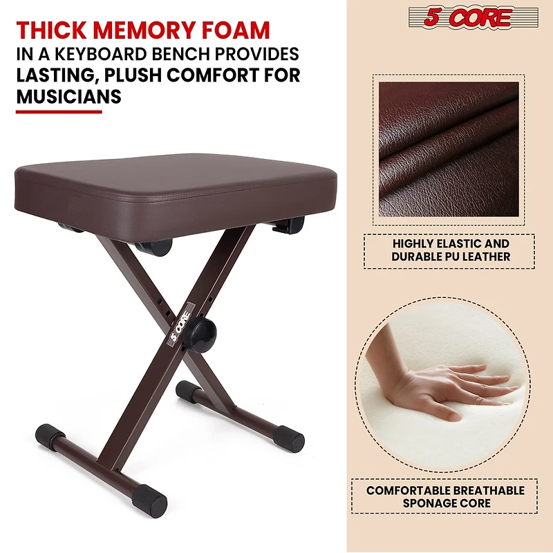 5 Core Keyboard Bench 3" Padded Cushioned Piano Stool Height Adjustable Guitar Seat Folding Portable