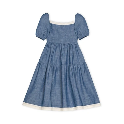 Hope & Henry Girls' Short Bubble Sleeve Crochet Trim Chambray Dress