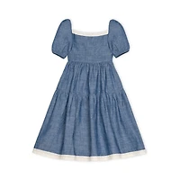 Hope & Henry Girls' Short Bubble Sleeve Crochet Trim Chambray Dress