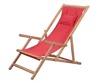 Folding Beach Chair Fabric and Wooden Frame Red