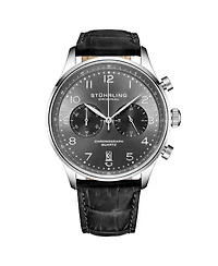 Men's Chrono, Silver Case, Gun Metal Grey Dial, Black Leather Strap Watch
