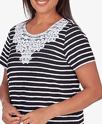 Alfred Dunner Women's Classic Neutrals Lace Neck Striped Split Hem T-shirt