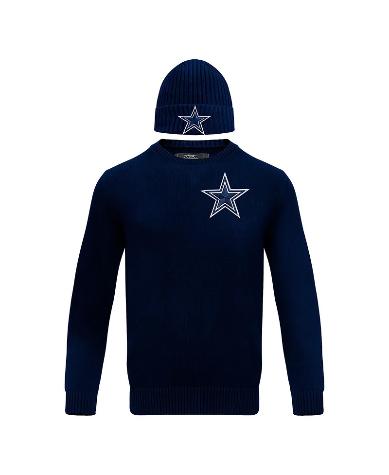 Men's Pro Standard Navy Dallas Cowboys Crew neck Pullover Sweater and Cuffed Knit Hat Box Gift Set