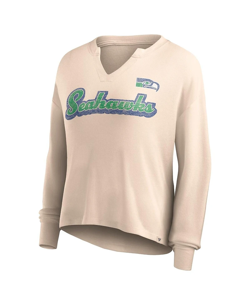 Women's Fanatics Tan Distressed Seattle Seahawks Go For It Notch Neck Waffle Knit Long Sleeve T-shirt