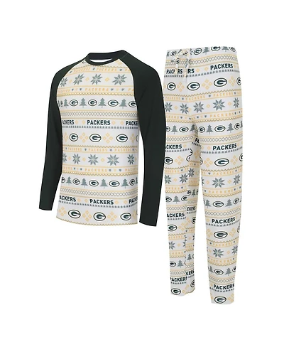 Men's Concepts Sport White, Green Bay Packers Tinsel Raglan Long Sleeve T-shirt and Pants Sleep Set