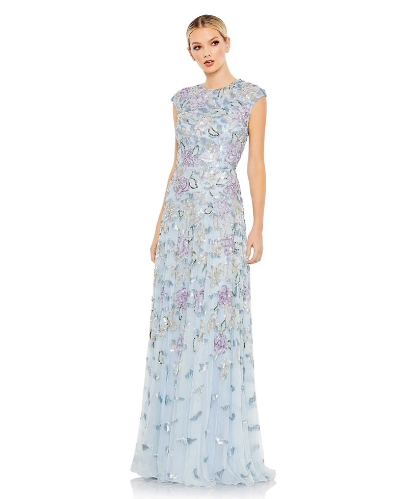 Mac Duggal Women's Sequined High Neck Cap Sleeve A Line Gown