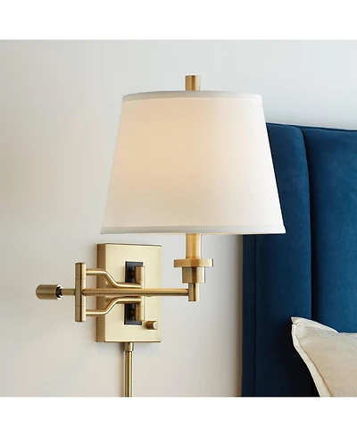 Barnes and Ivy Eleganta Swing Arm Wall Lamp with Cord Cover Brushed Satin Brass Plug-in Light Fixture White Linen Empire Shade for Bedroom Living Room
