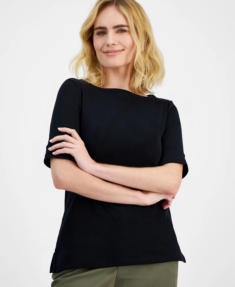 Style & Co Petite Cotton Elbow-Sleeve Boat-Neck Top, Exclusively at Macy's