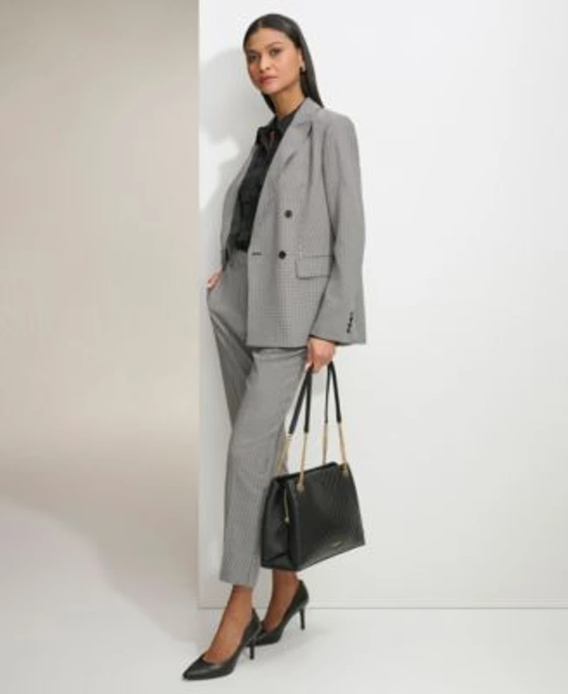 Karl Lagerfeld Womens Gingham Double Breasted Blazer Ruffled Blouse Gingham Straight Leg Pants