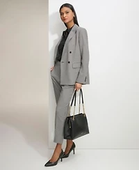 Karl Lagerfeld Womens Gingham Double Breasted Blazer Ruffled Blouse Gingham Straight Leg Pants