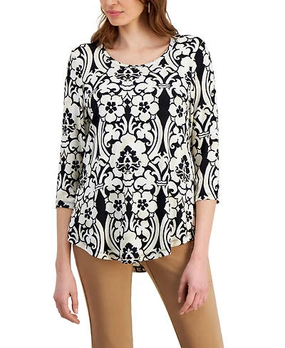 Jm Collection Women's Printed Scoop-Neck 3/4-Sleeve Top, Created for Macy's