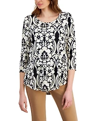 Jm Collection Women's Printed Scoop-Neck 3/4-Sleeve Top, Created for Macy's