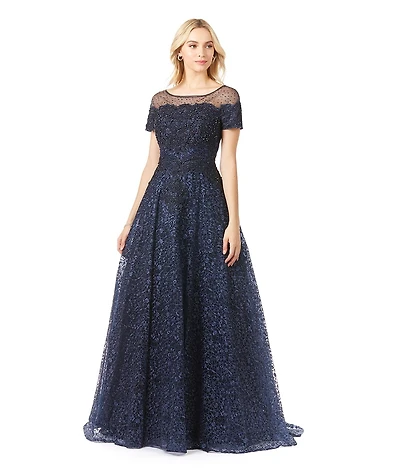 Women's Sheer Boat Neck Ball Gown