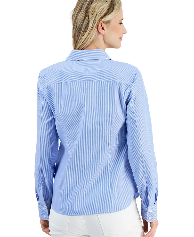 Nautica Jeans Women's Newport Striped Ribbed Cotton Long Sleeve Shirt
