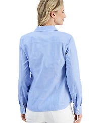 Nautica Jeans Women's Newport Striped Ribbed Cotton Long Sleeve Shirt