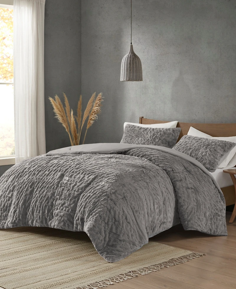 Madison Park Blair Ruched 3-Pc. Faux Fur Comforter Set, Full/Queen