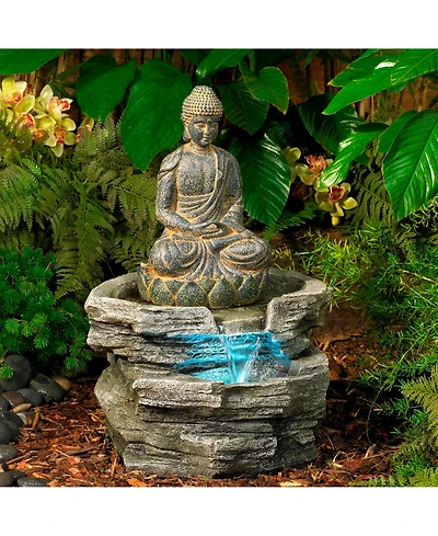 Sitting Buddha 21" High Large Zen Asian Indoor Outdoor Decor Faux Stone Floor Fountain with Light Led Waterfall